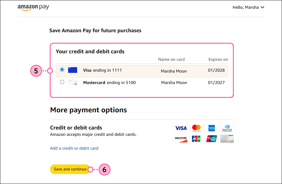 Saved Amazon Pay credit and debit cards, credit card selected, and Save and Continue button