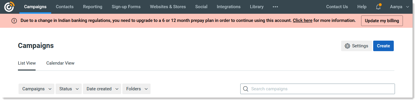 Error message banner with "Due to a change in Indian banking regulations, you need to upgrade to a 6 or 12 month prepay plan in order to continue using this account.  Click here for more information." text and  Due to a change in Indian banking regulations, you need to upgrade to a 6 or 12 month prepay plan in order to continue using this account.  Click here for more information." text, and Update my billing button 