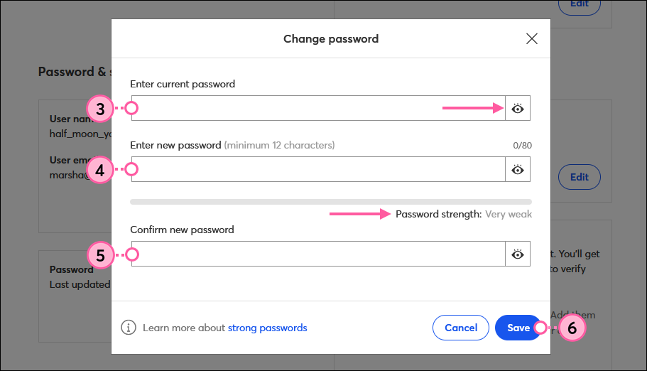 Change Password fields with Save button