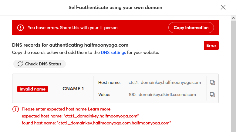 CNAME record Invalid Name error message