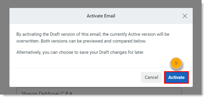 Confirmation message and Activate button