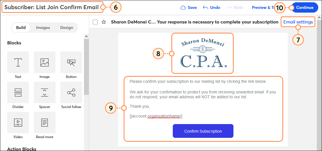Campaign Name, Email Settings, Logo, Content, and Continue Button