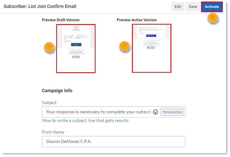 Email Preview and Activate button