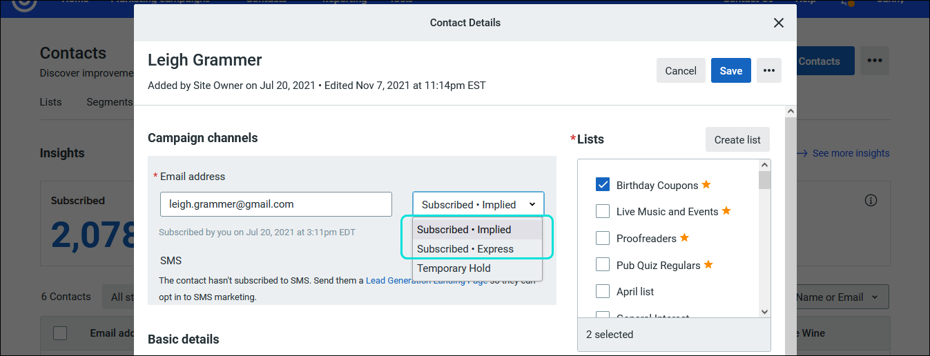 Contact record Campaign channels section with subscribed Implied and Subscribed Express advanced permissions options
