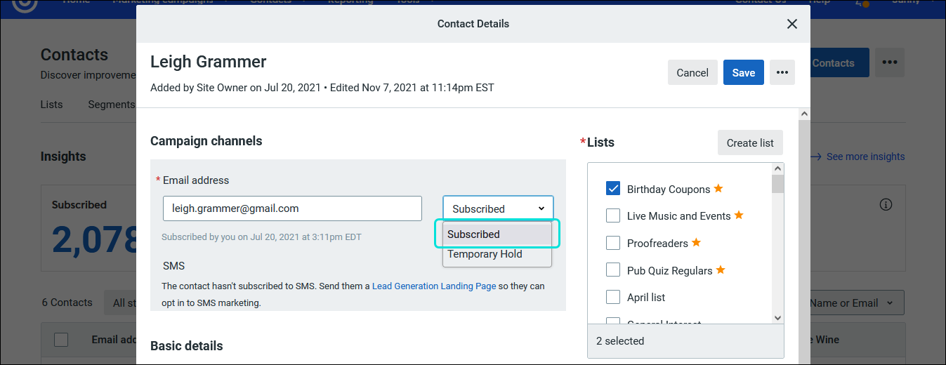 Contact record Campaign channels section with subscribed option without advanced email permissions enabled