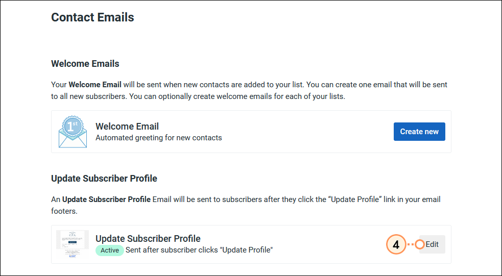 Contact Emails page, Update Subscriber Profile section and Edit button
