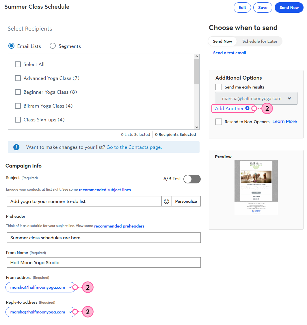 Email schedule page with Add Another links in From Address, Reply-to Address, and Additional Options sections