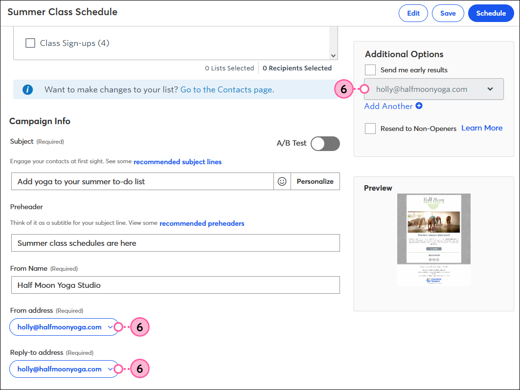 Email schedule page with newly verified email address available in From Address, Reply-to Address, and Additional Options drop-downs