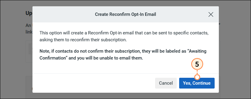 Create Reconfirm Opt-In Email confirmation message and Yes, Continue button