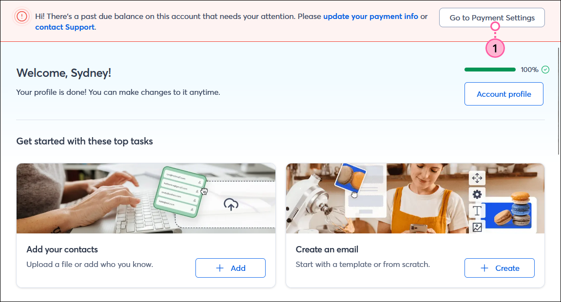 Dashboard with Past Due Balance banner and Go to Payment Settings button