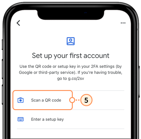Google Authenticator app, setup your first account screen, with Scan a QR Code option selected