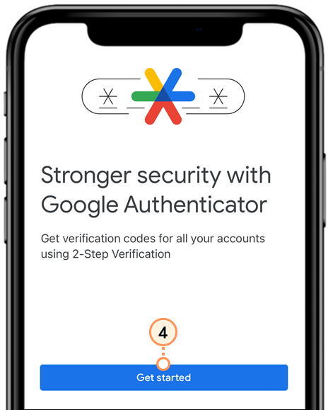 Google Authenticator app with Get Started button