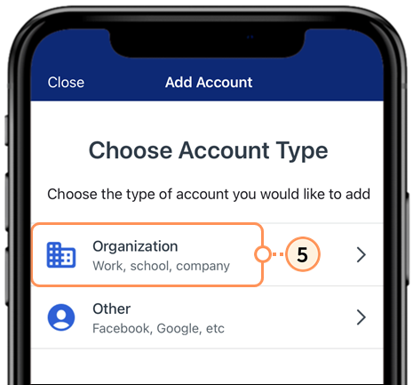 Okta Verify app, Add Account, Choose Account Type, Organization option selected