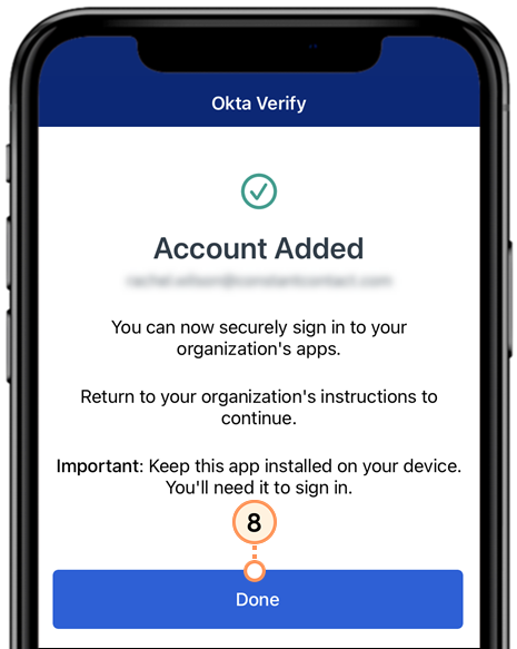 Okta Verify app, account added, and Done button