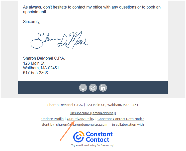 Example Email with Footer that Includes Privacy Policy Link
