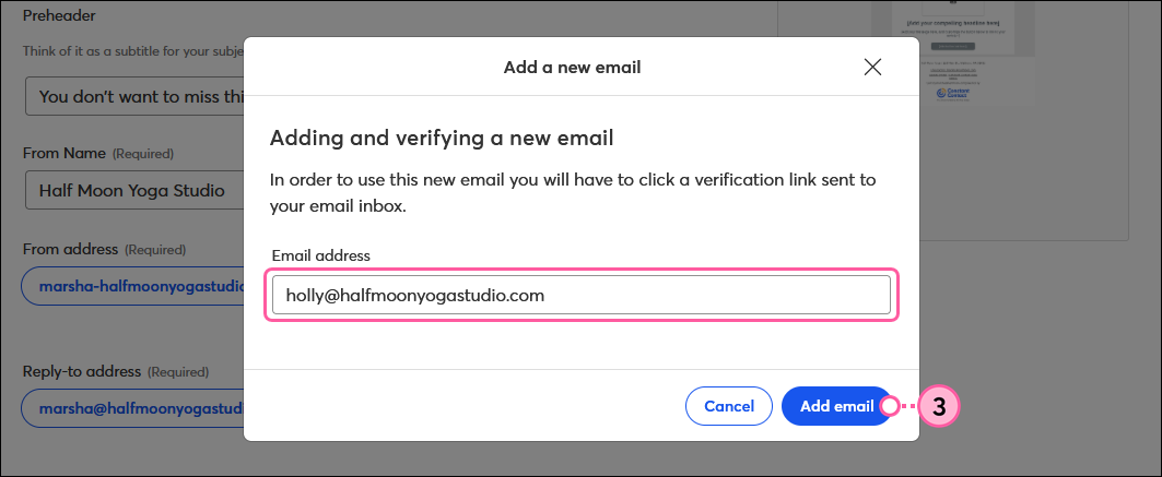Add New Email Address field and Add Email button
