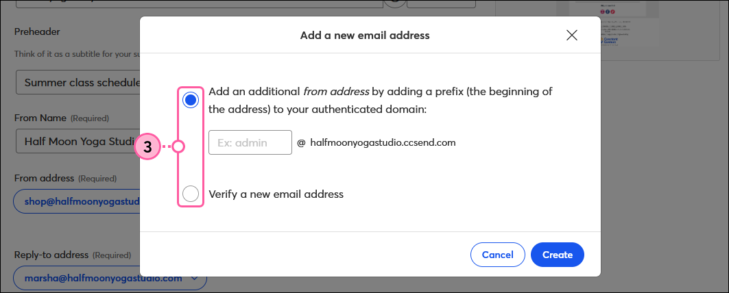 Add New Email Address overlay options