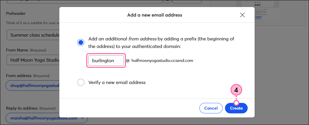 Add New Email Address overlay, Prefix field, and Create button
