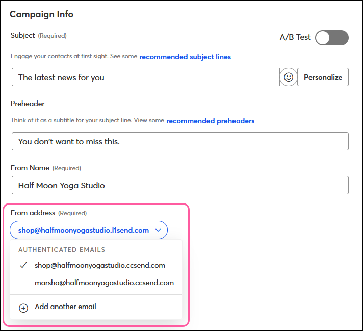 Email schedule page From Address drop-down with Authenticated Emails