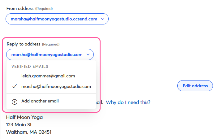 Email schedule page Reply-to Address drop-down with Verified Emails and Unverified Authenticated Emails