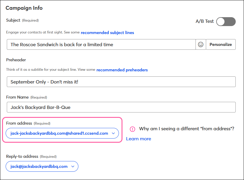 Email schedule page with rewritten From email address