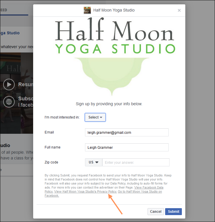 View Company's Privacy Policy Link in Facebook Lead Ad