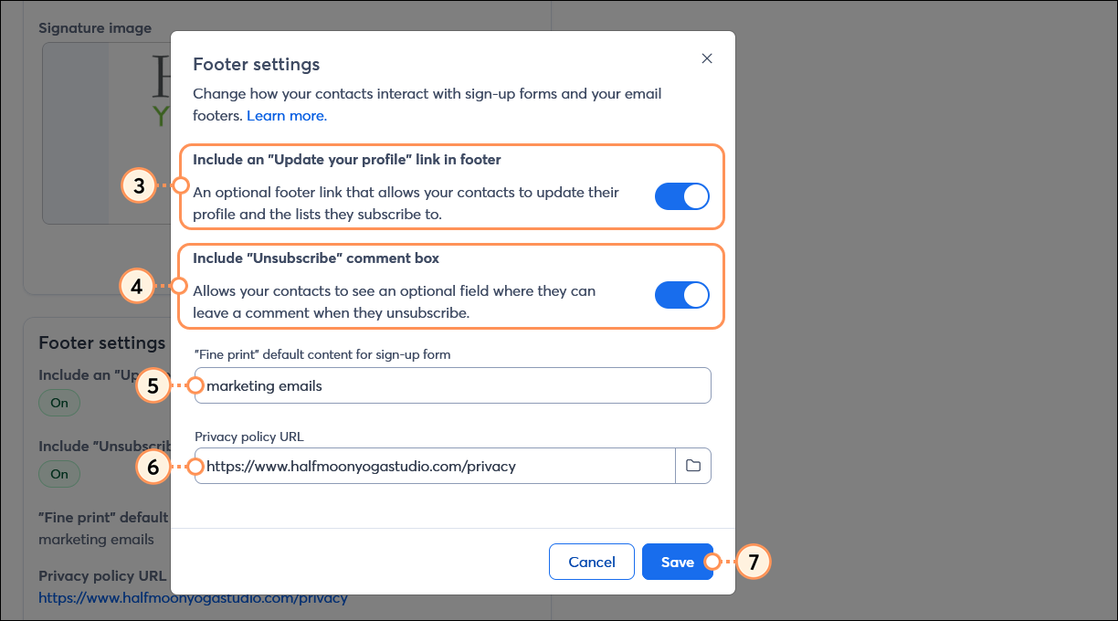 Footer settings overlay with Include an "Update your profile" link toggle, Include "Unsubscribe" comment box toggle, Fine print field, Privacy policy URL field, and Save button