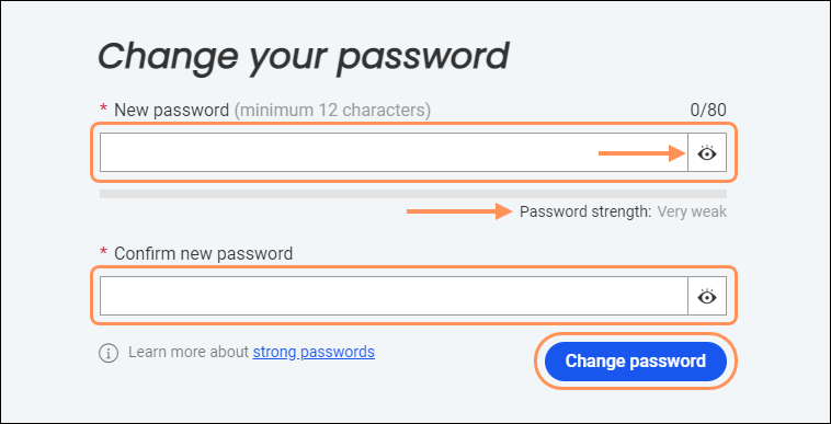 enter new password, confirm new password, and change password button