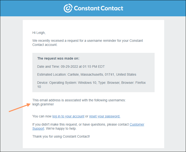 username recovery email