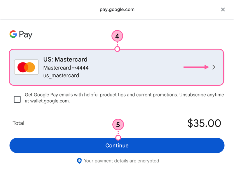 Google Pay screen with payment method selected and Continue button