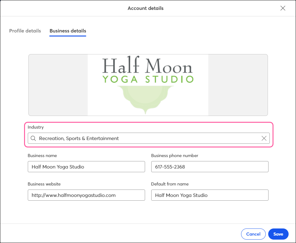 Pop-up-Fenster Account-Details, Registerkarte Business-Details und Feld Branche