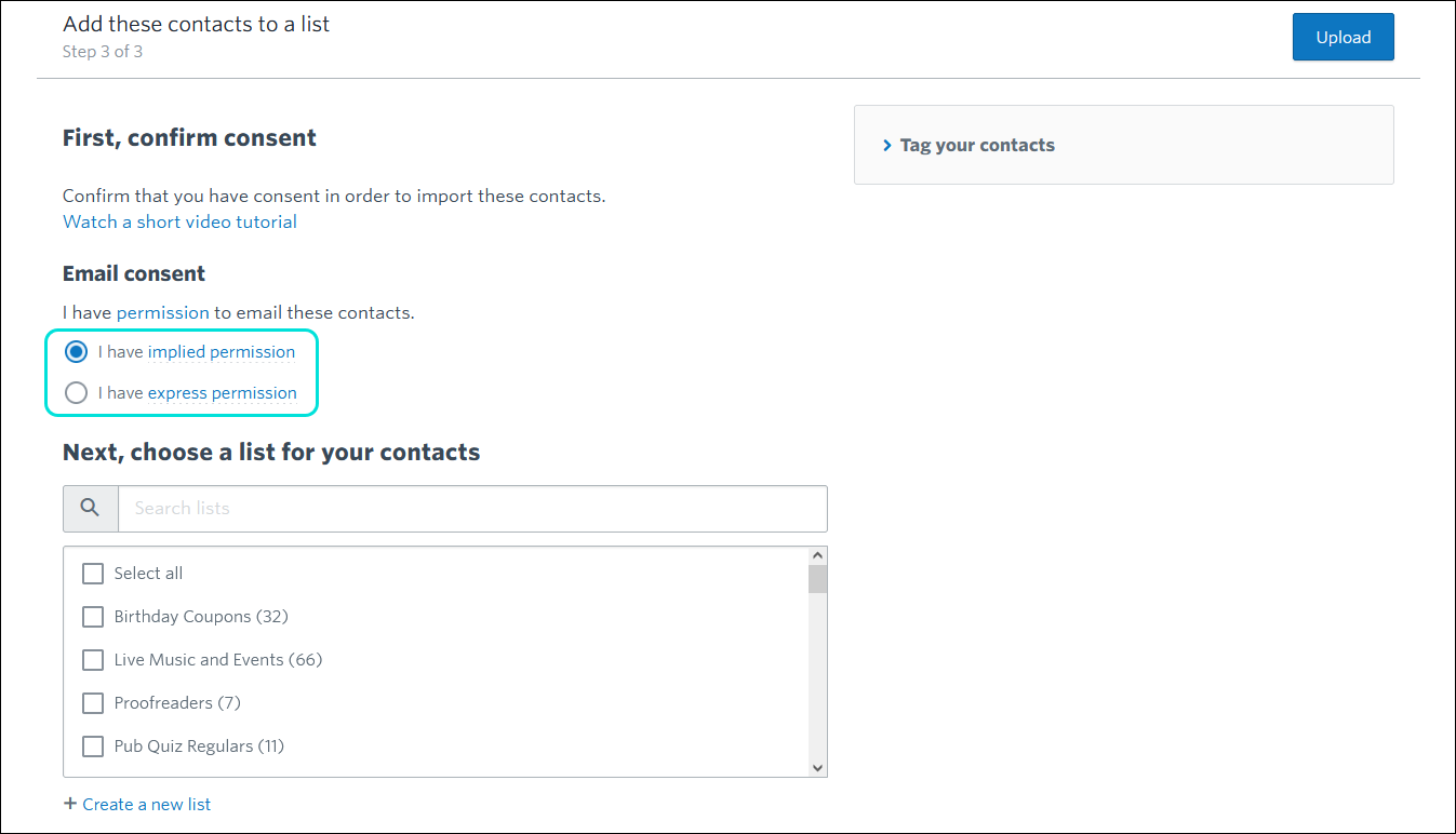 Import contacts Email consent section with implied permission and express permission advanced email permission options