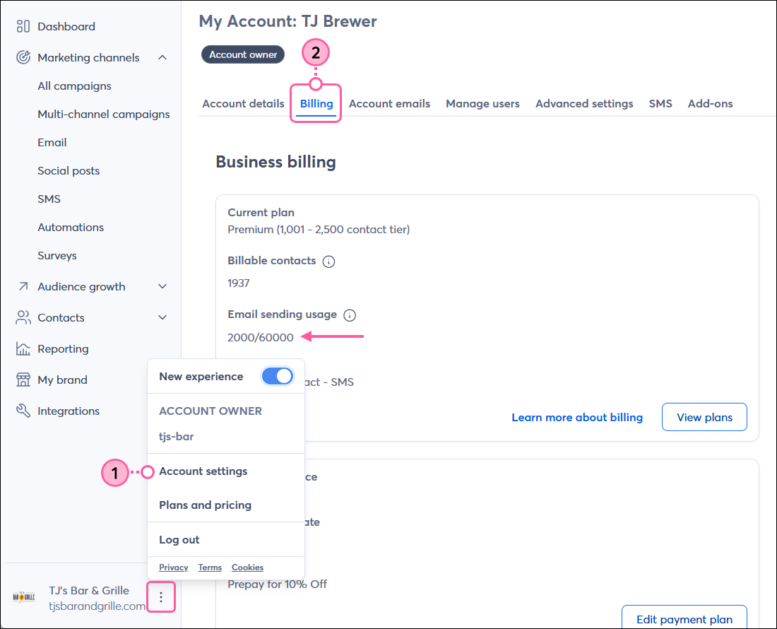 Profile name dropdown, My Account option, Billing tab, and Email sending usage