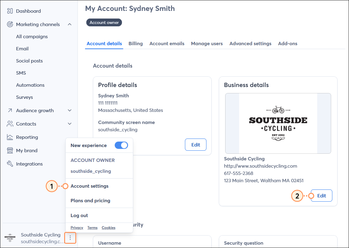 Account owner drop-down menu expanded and My Account option, Business Details section, and Edit button