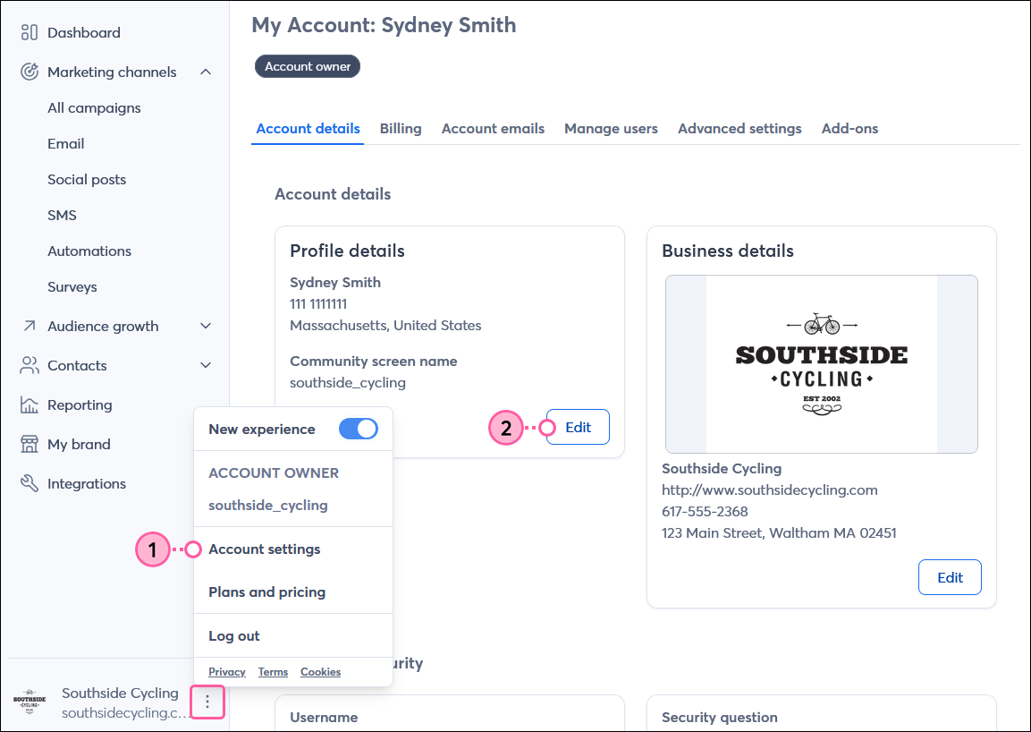Profile name drop-down with Account Settings option, Account details tab, Profile details section, and Edit button