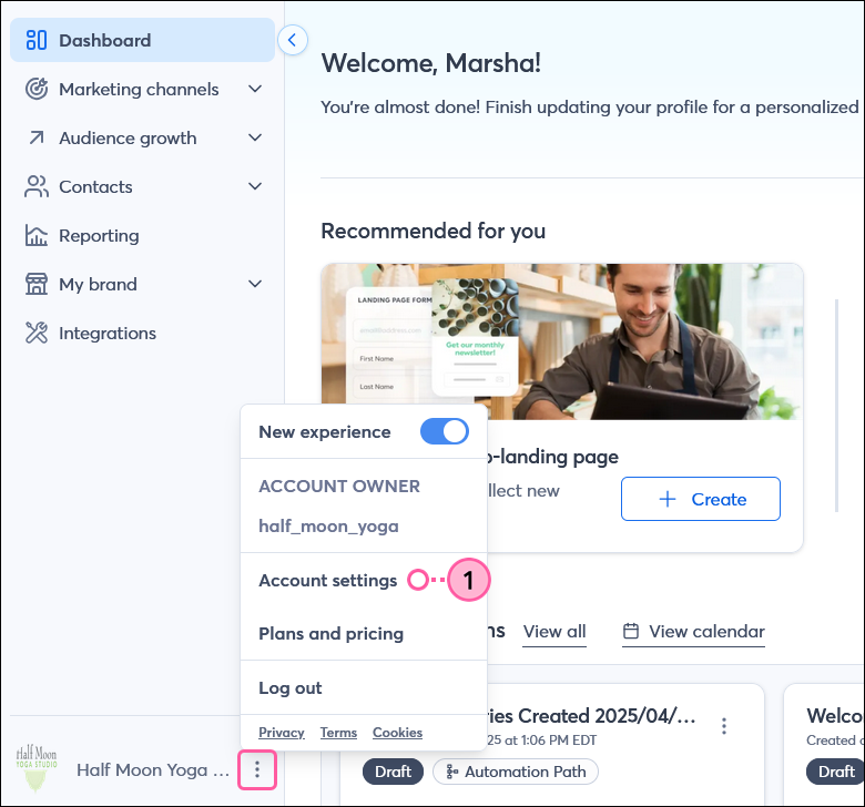 Profile name with My Account option in drop-down