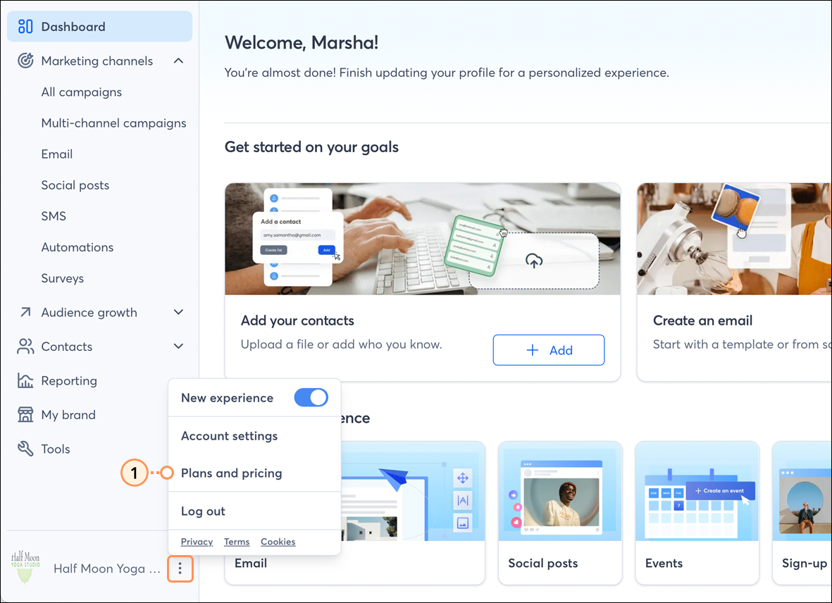 Account owner drop-down menu expanded and Plans & Pricing option