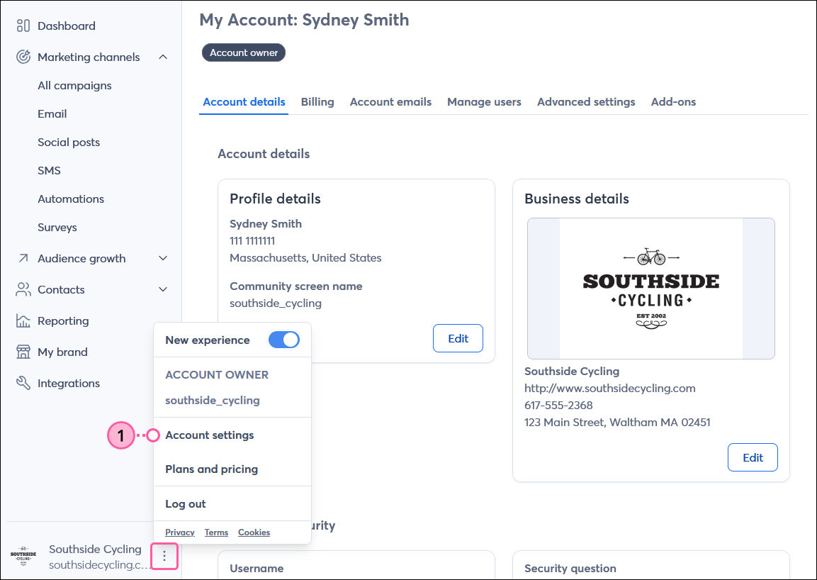 Profile name and My Account dropdown option
