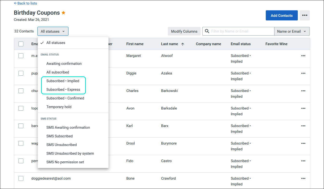 List view with All status menu expanded with Subscribed Implied and Subscribed Express advanced email permission options