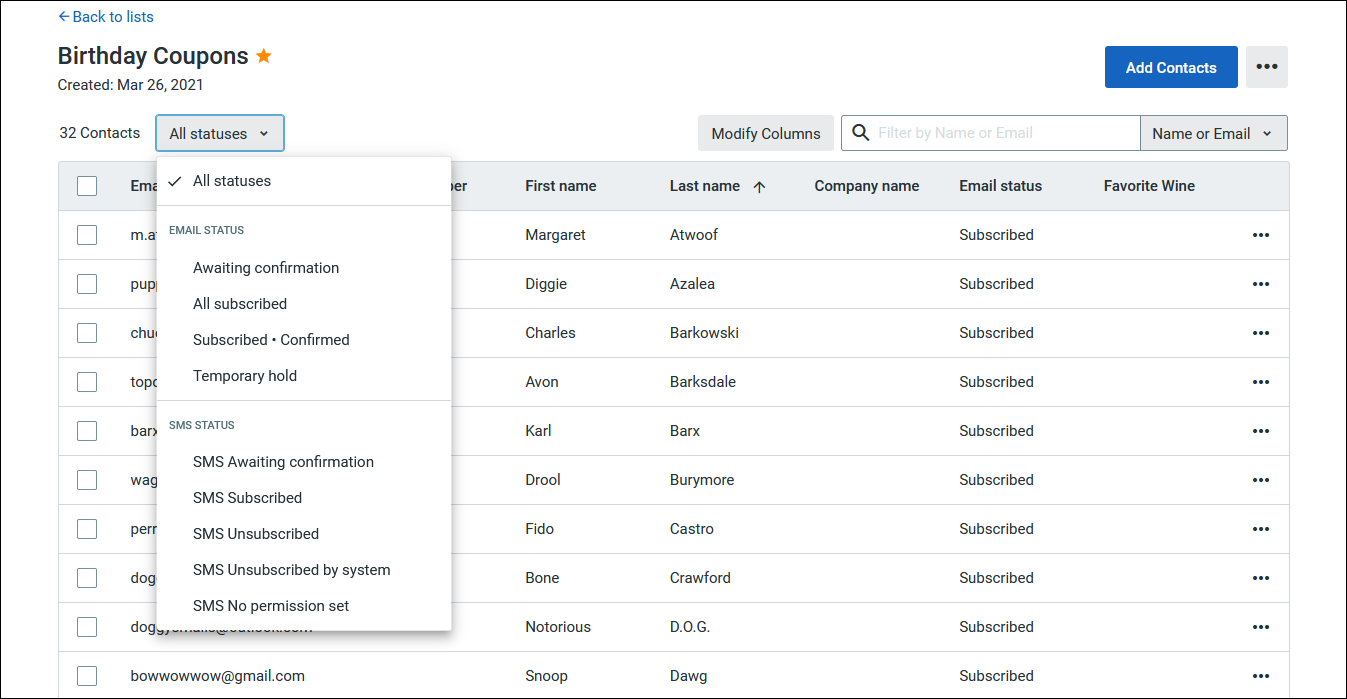 List view with All status menu expanded without advanced email permissions enabled