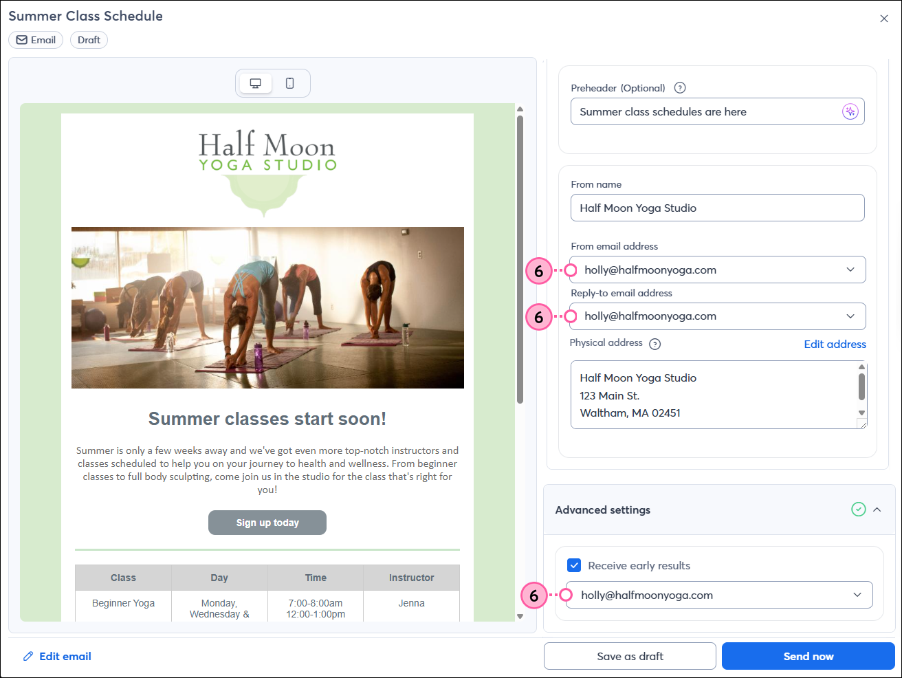 Email schedule page with newly verified email address available in From Address, Reply-to Address, and Additional Options drop-downs