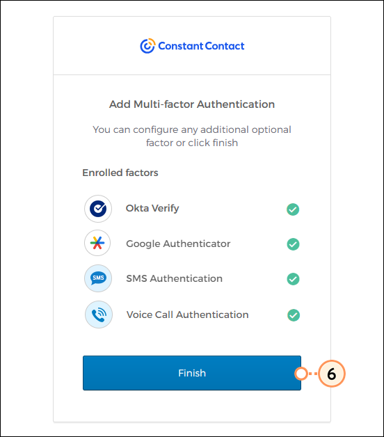 Okta Verify, Google Authenticator, SMS, and Voice Call factors enrolled with Finish button