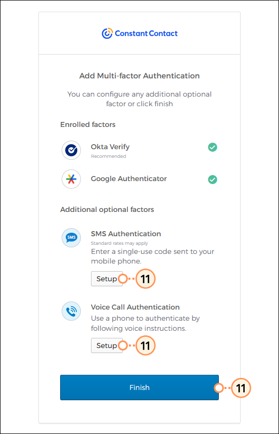 Okta Verify and Google Authenticator factors enrolled, Additional Factors, and Setup buttons