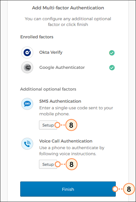 Factores agregados Okta Verify y Autenticador de Google, Factores adicionales y botones Setup (Configuración)