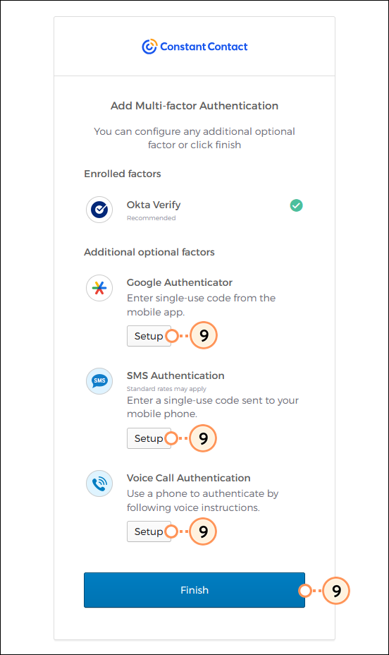 Okta Verify factor enrolled, Additional Factors, and Setup buttons