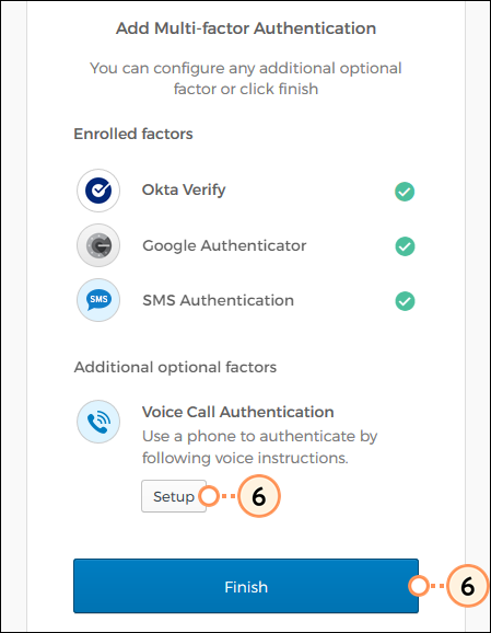 Factores agregados Okta Verify, Autenticador de Google y SMS, Factores adicionales y botón Setup (Configuración)