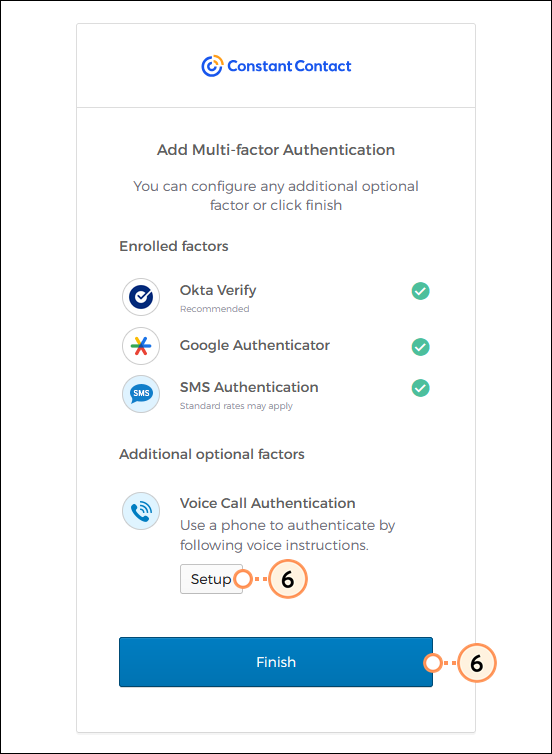 Okta Verify, Google Authenticator, and SMS factors enrolled, Additional Factors, and Setup button