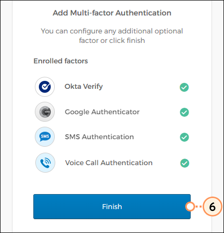 Factores agregados Okta Verify, Autenticador de Google, SMS y Llamada telefónica con botón Finish (Finalizar)