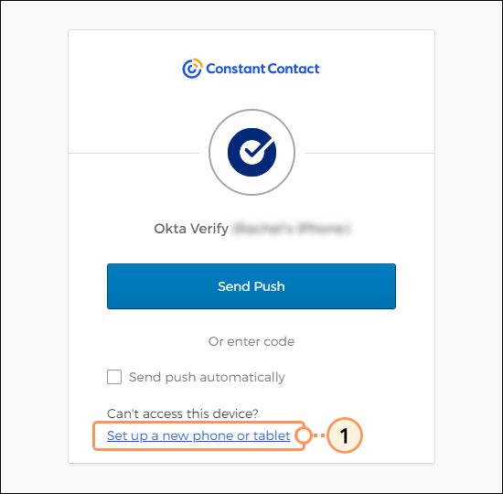 Pantalla de inicio de sesión MFA con enlace para configurar un nuevo teléfono o tableta