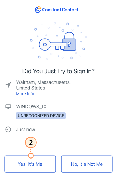 Inicio de sesión con MFA a través de Okta Verify, notificación push en el dispositivo con el botón Yes It's Me (Sí, soy yo)